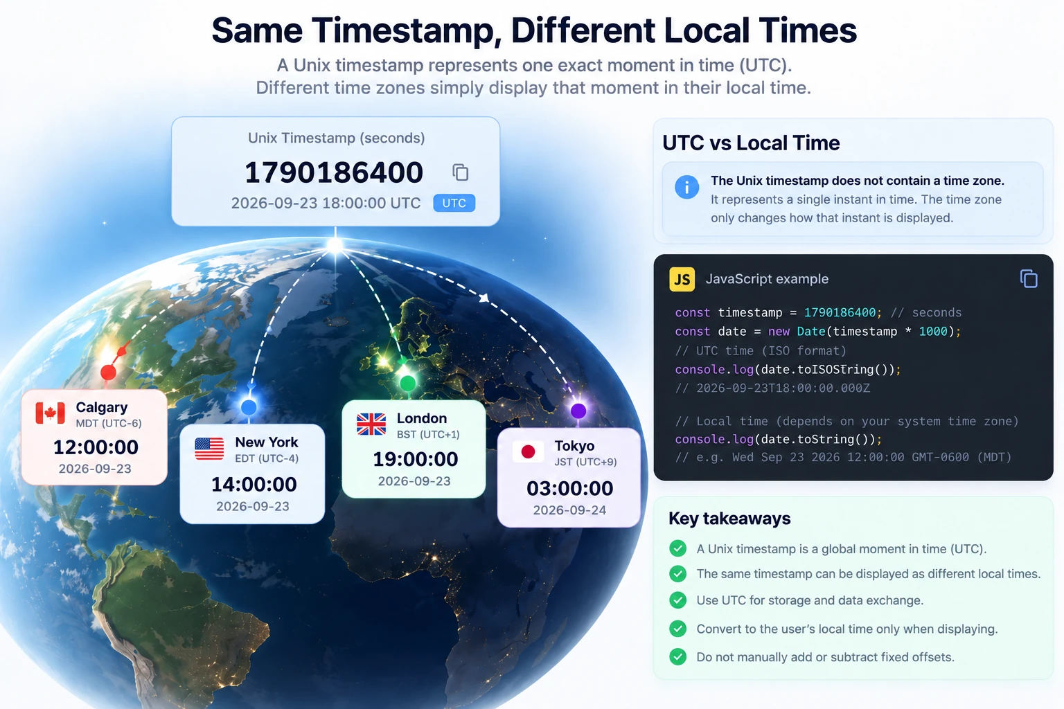 Unix timestamp shown as different local times in multiple time zones with UTC conversion