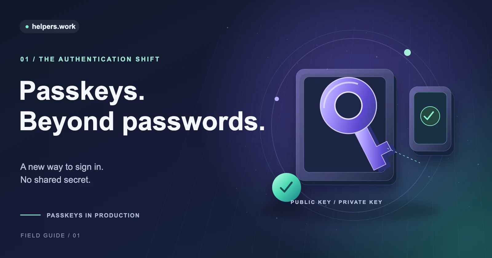 A luminous violet key beside an authenticator device, illustrating passkey authentication without a shared password.